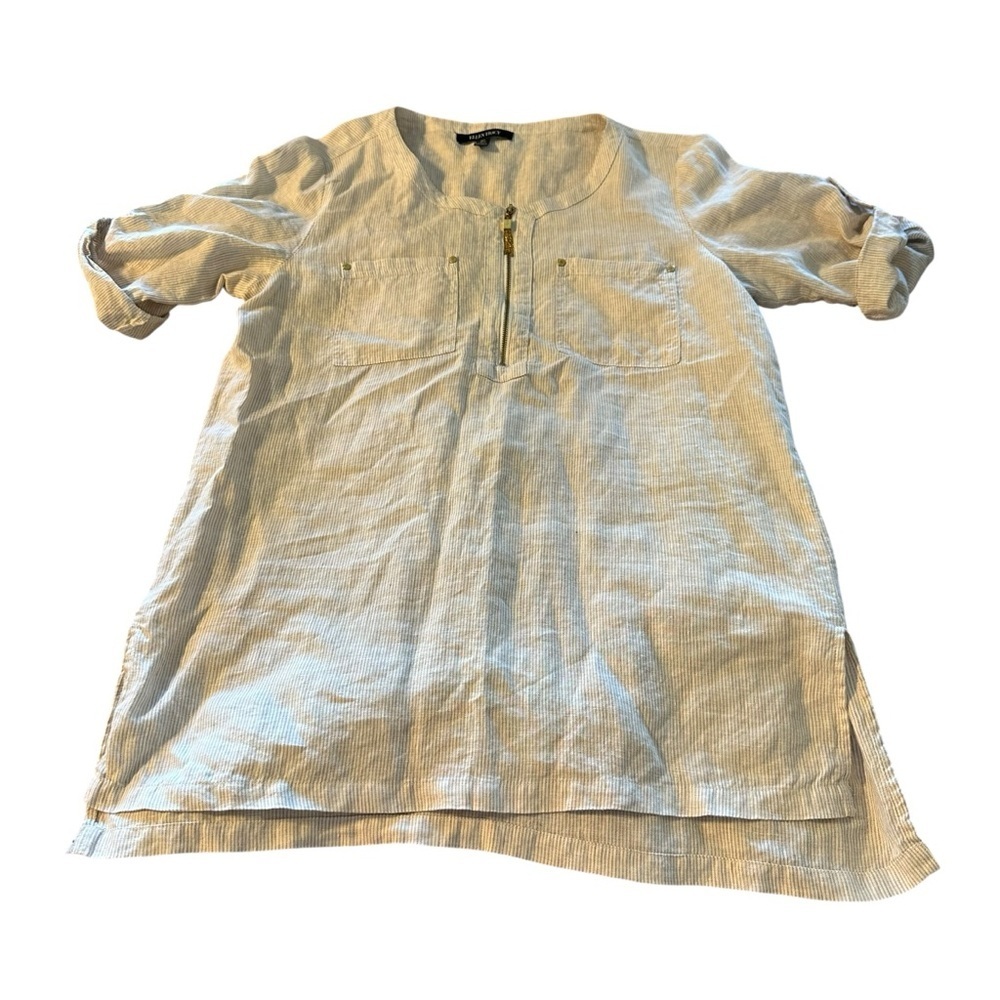 Ellen Tracy Cream Striped Linen Top